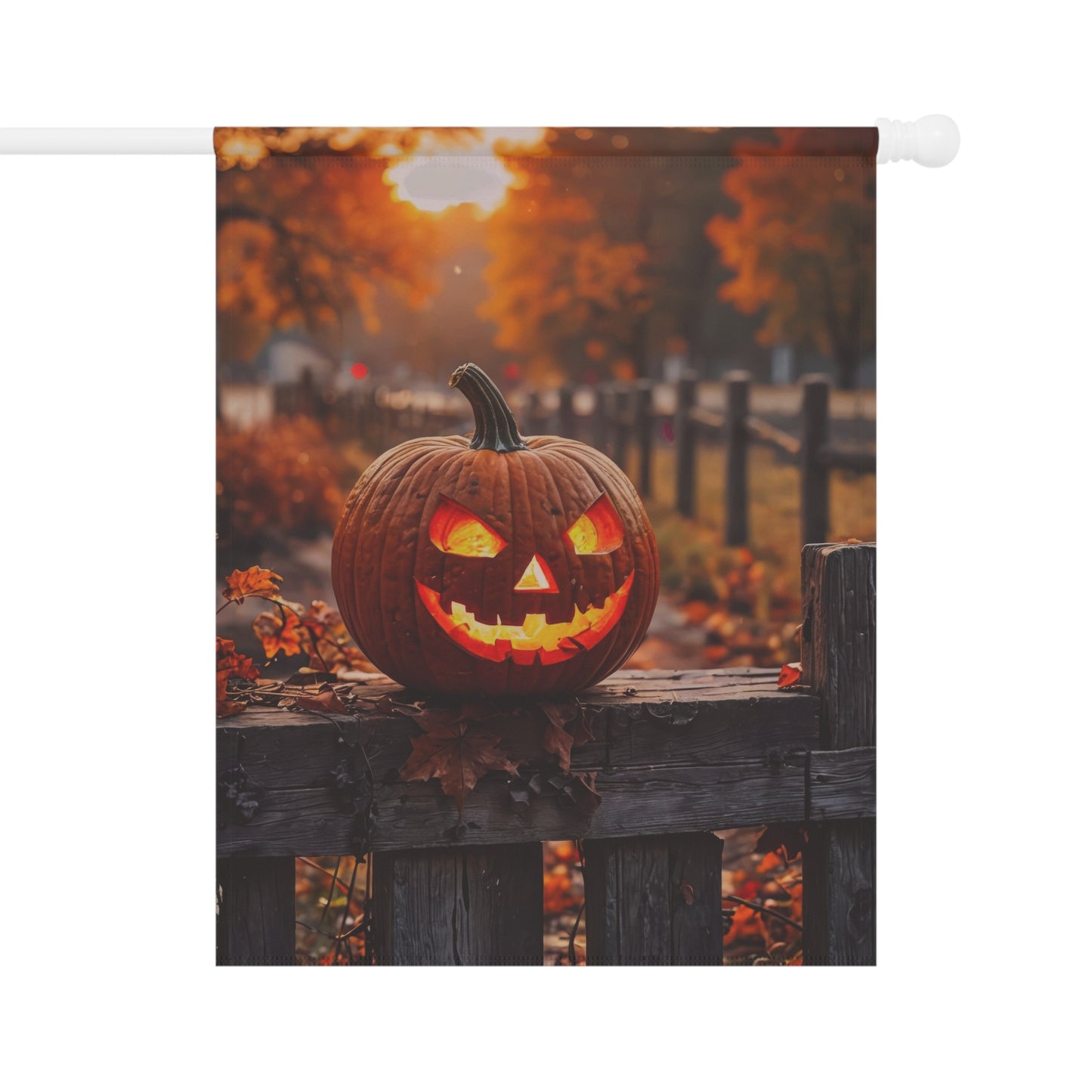 “Glowing jack-o’-lantern on rustic wooden fence at sunset – Halloween garden flag with autumn background”