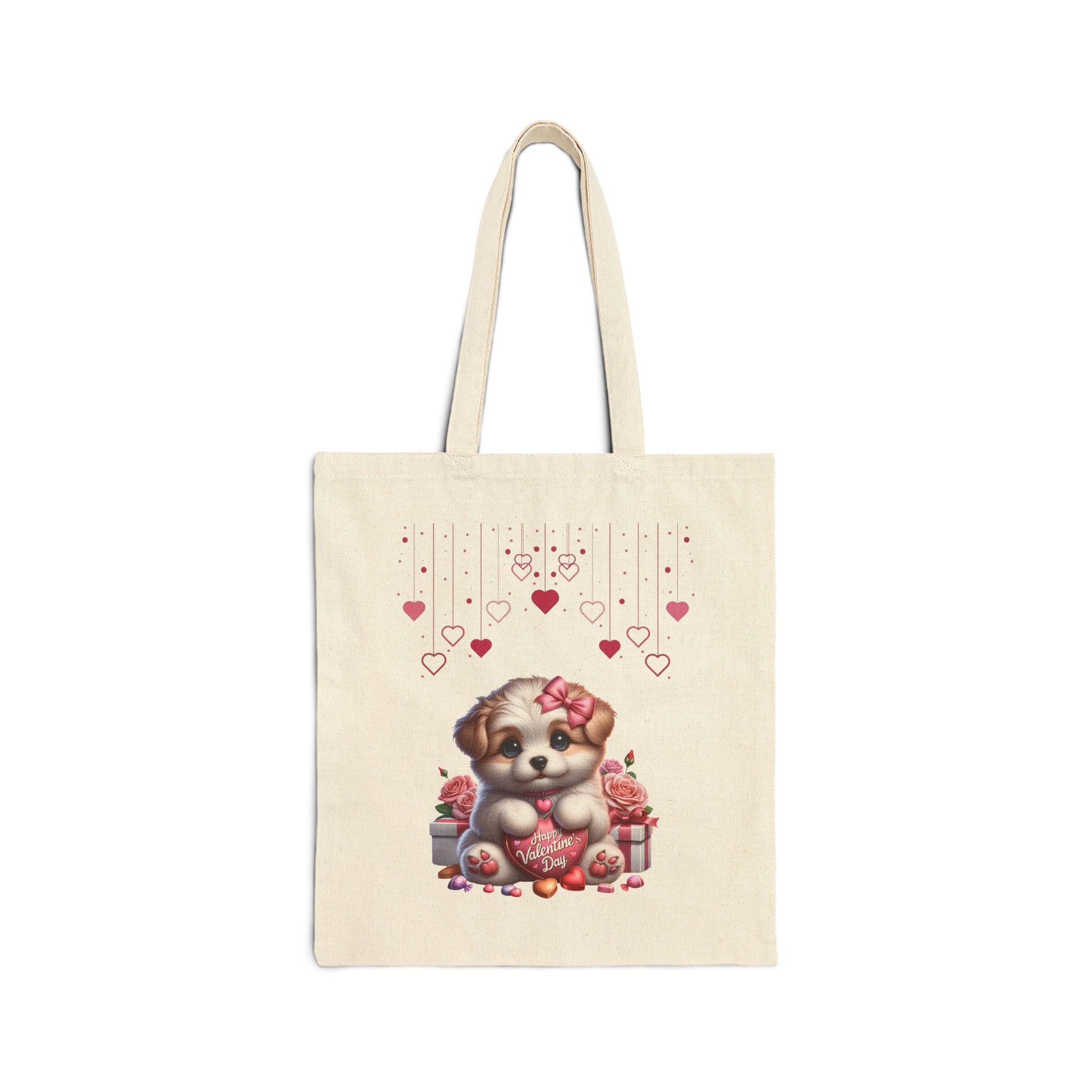 Happy Valentine's Day canvas tote bag with a cute puppy holding a red heart, surrounded by roses and gifts.