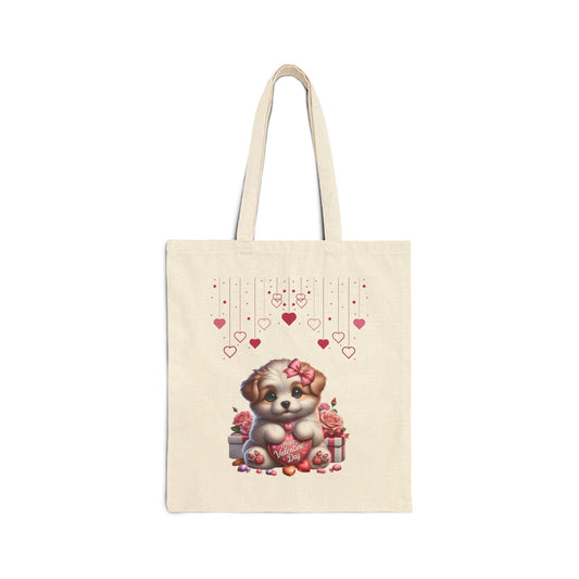 Happy Valentine's Day canvas tote bag with a cute puppy holding a red heart, surrounded by roses and gifts.