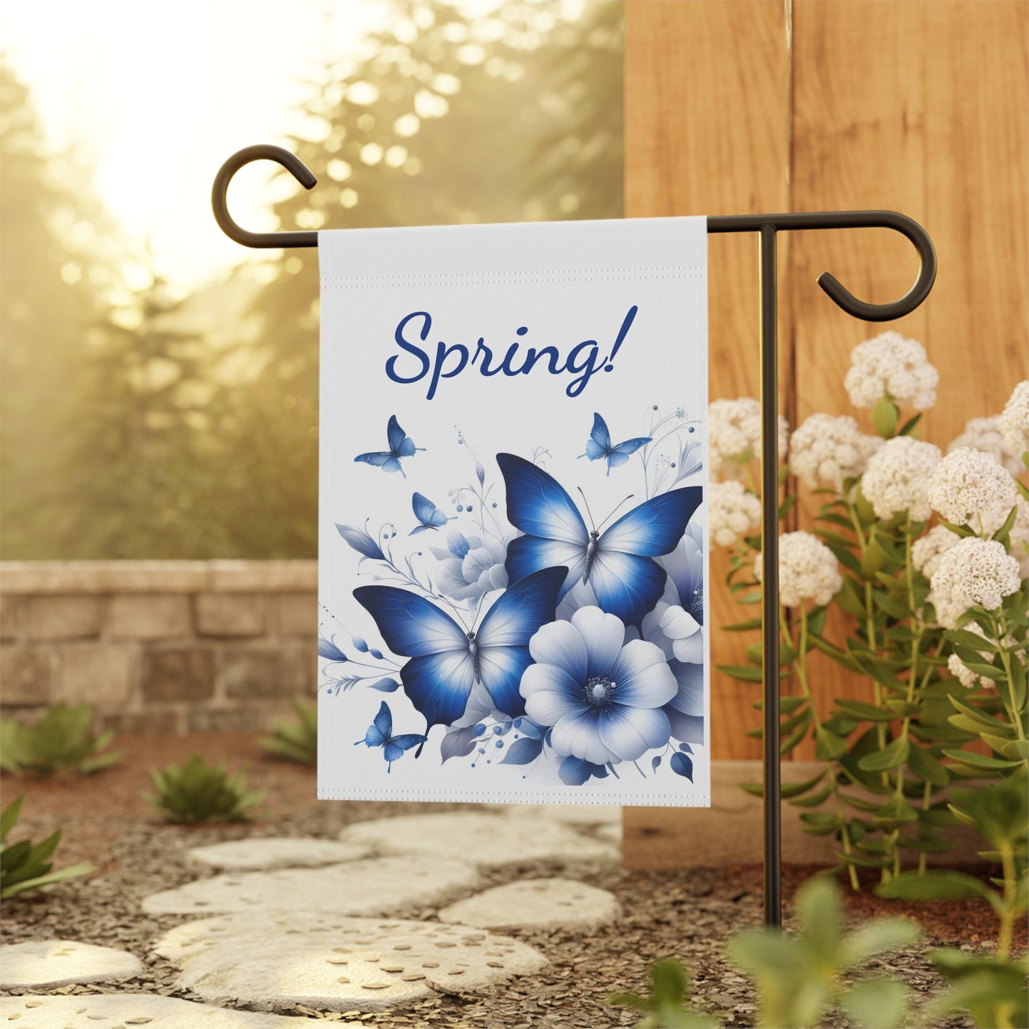 Elegant Blue Butterfly & Floral Spring Garden Flag