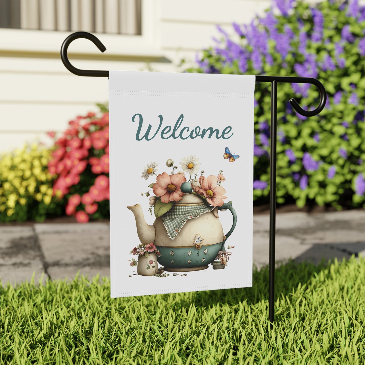 Cottage Teapot Welcome Garden Flag