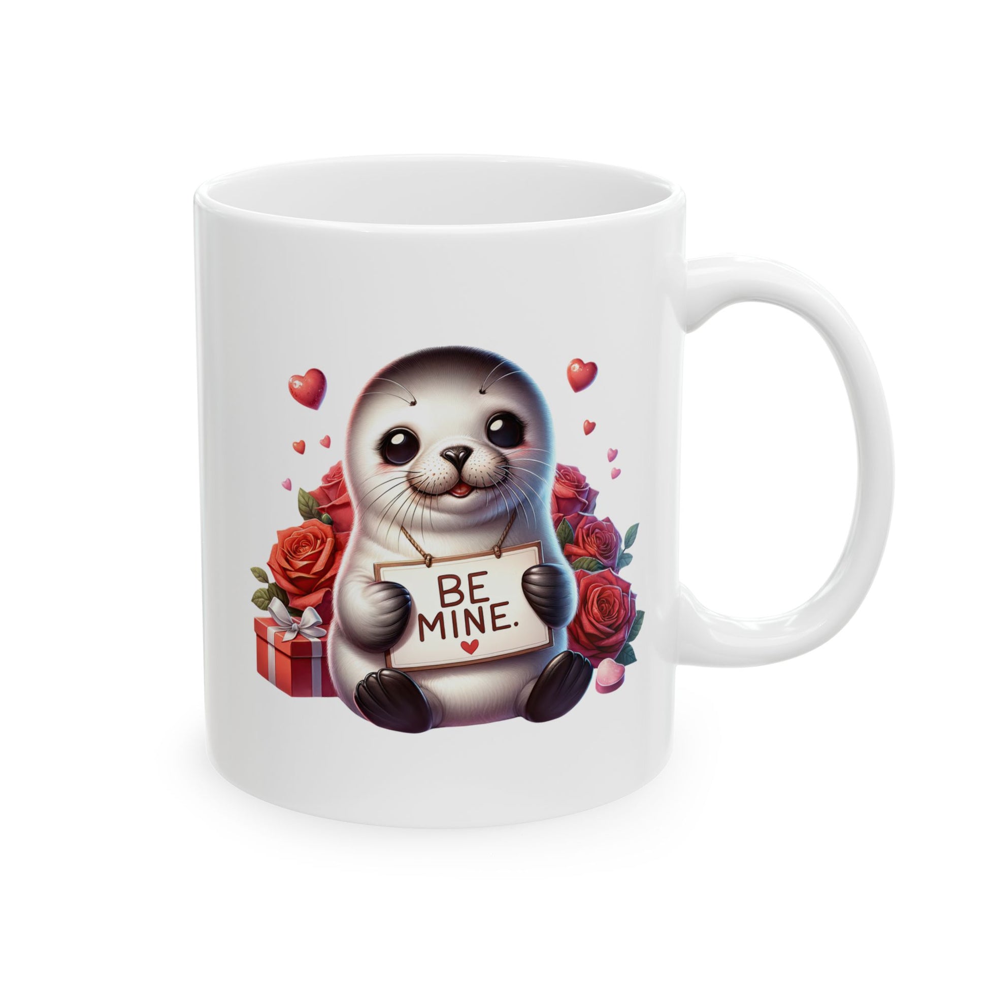White ceramic coffee mug with a cute cartoon baby seal holding a sign that says 'BE MINE.', surrounded by red roses and small hearts, on a wooden surface.
