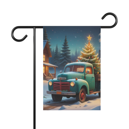 Vintage teal Christmas truck garden flag with a Christmas tree in the bed, snowy scene, and cabin, on a black metal garden flag stand