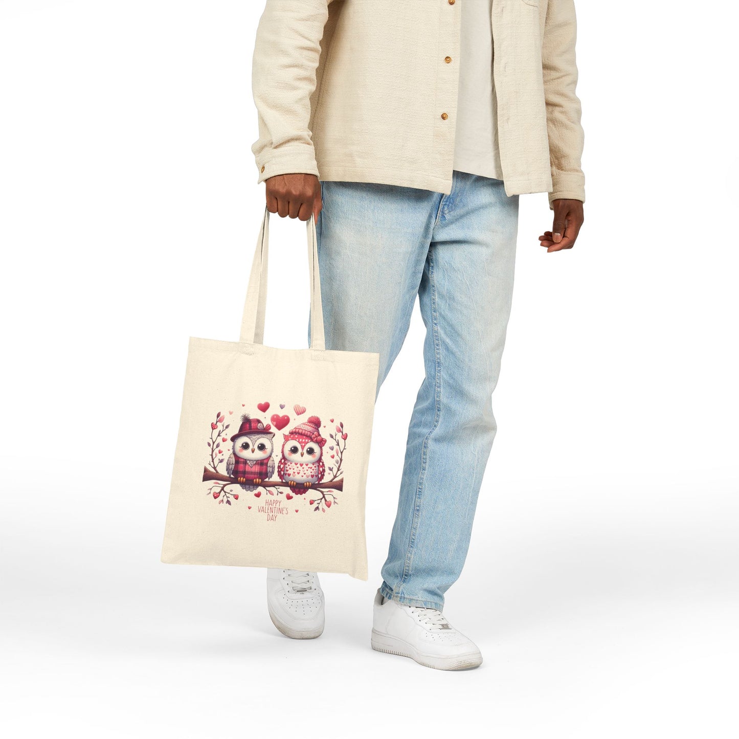 "Happy Valentine's Day" Owl Couple Canvas Tote Bag
