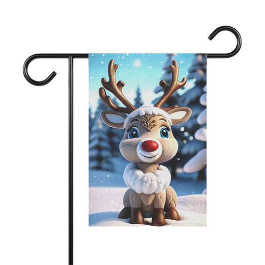Cute cartoon reindeer garden flag with a red nose, white fur collar, and snowy forest background with falling snow, festive holiday outdoor decor.

