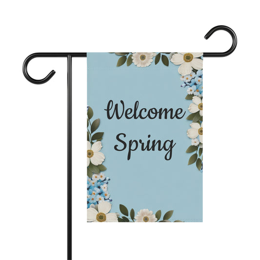 Welcome Spring garden flag with white and blue floral border on soft blue background, seasonal outdoor yard decoration

