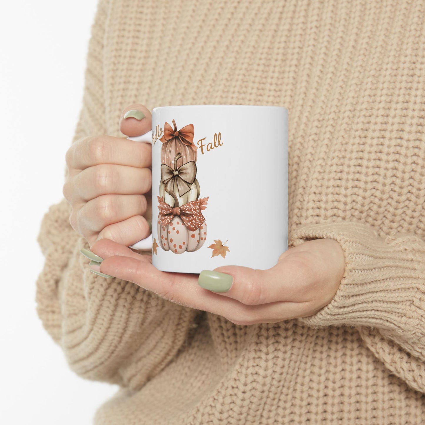 "Hello Fall" Bowed Pumpkin Stack Coffee Mug
