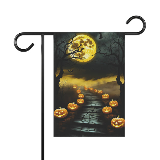 Halloween garden flag with jack-o’-lantern path, full moon, and foggy spooky forest