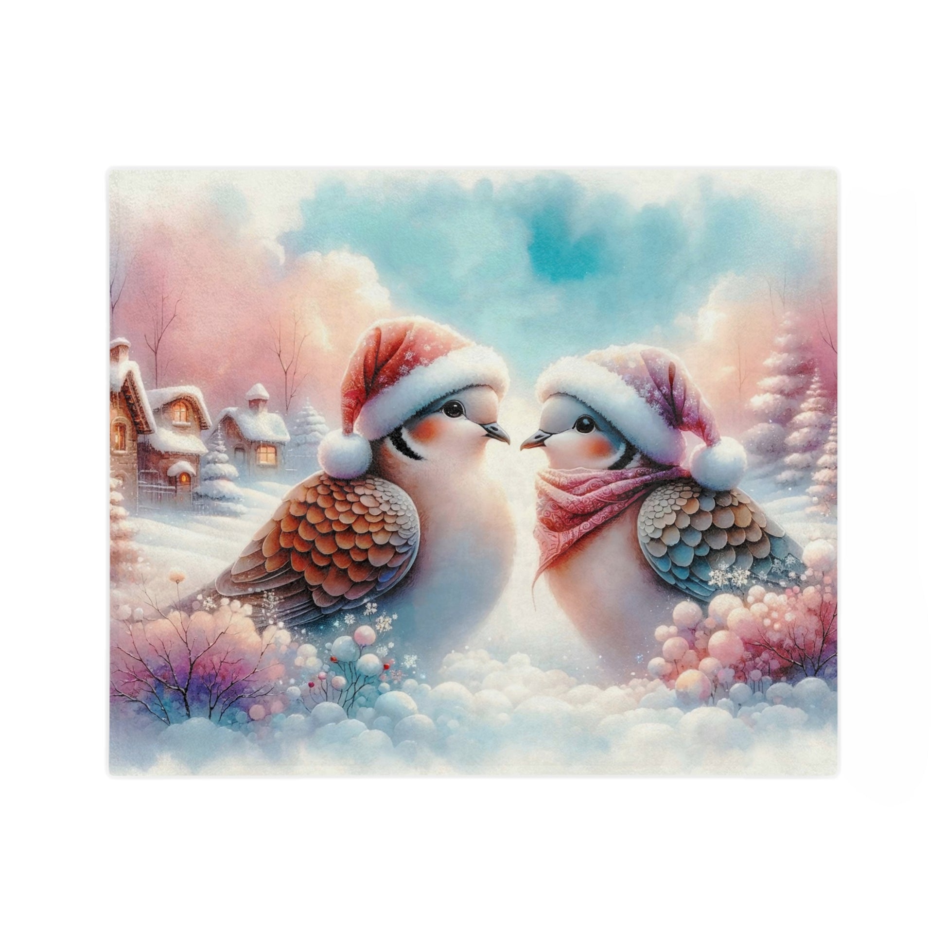 Two adorable birds wearing Santa hats nestled together in a snowy landscape with pastel skies and winter cottages in the background. One bird is wearing a red scarf.

