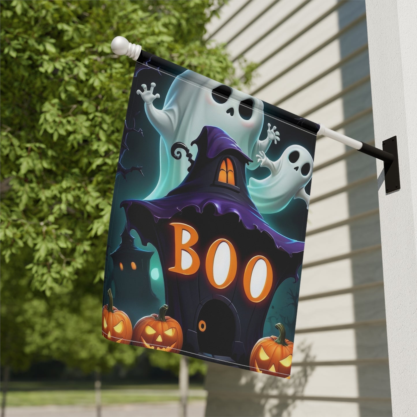 BOO Halloween Garden Flag with Ghosts and Pumpkins