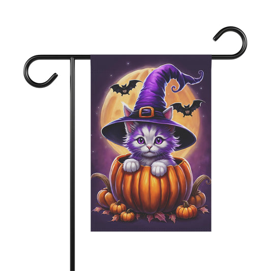 Purple witch cat sitting in pumpkin with full moon and bats on Halloween garden flag
