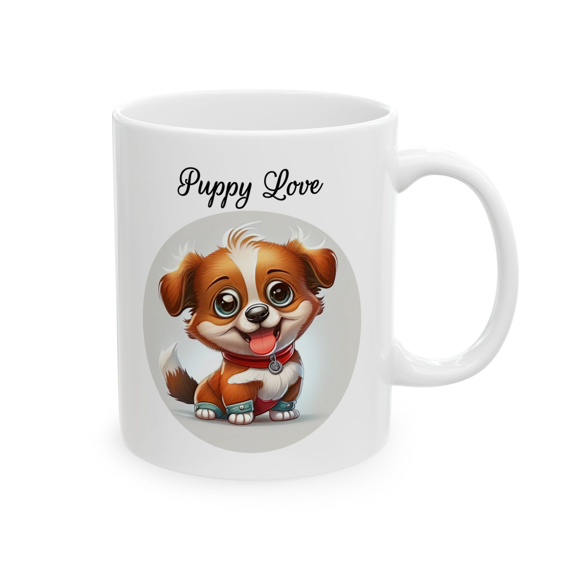 White ceramic coffee mug with a cartoon illustration of a cute, fluffy brown and white puppy with big eyes and a red collar, sitting with its tongue out, on a light grey circular background. Black text above reads "Puppy Love".