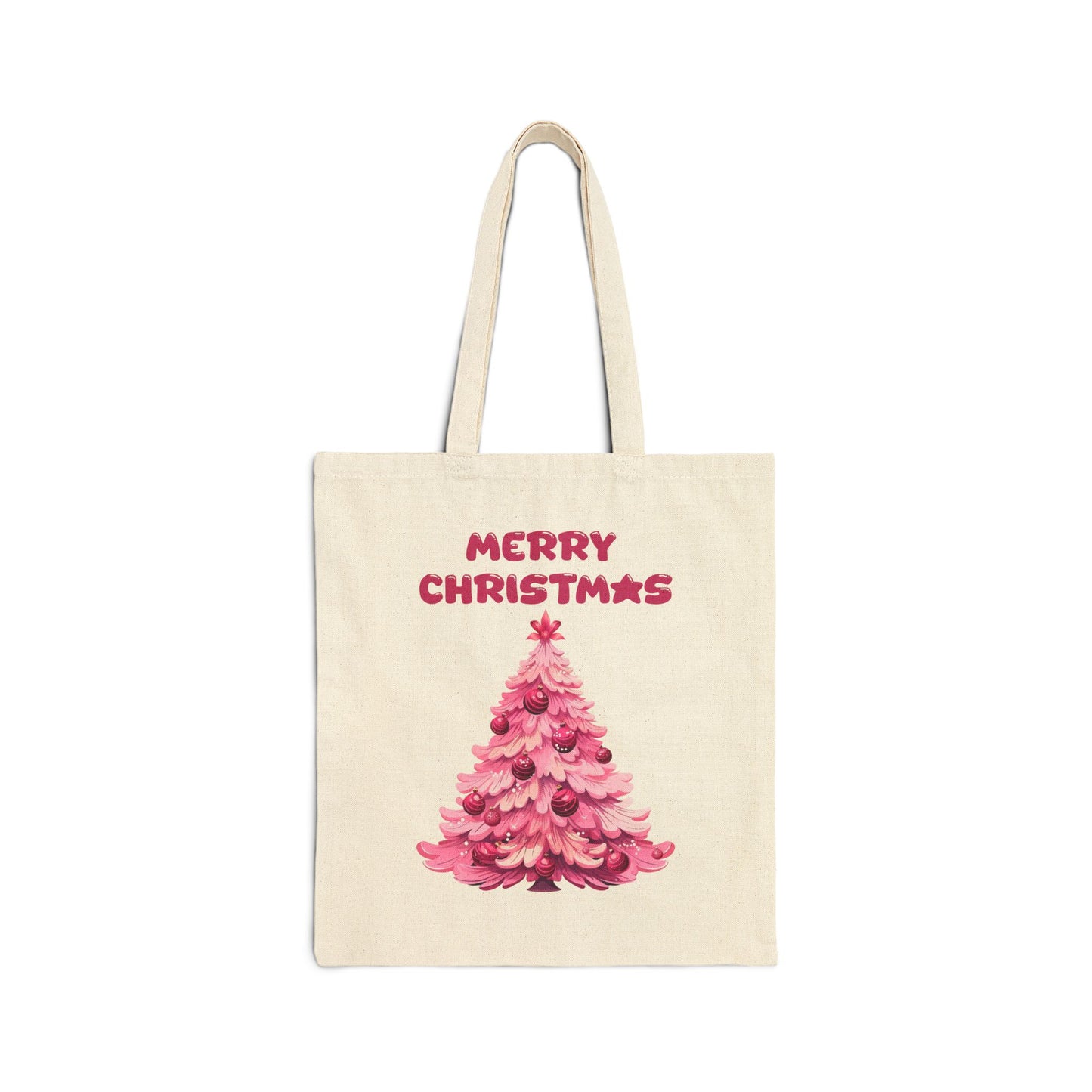 Canvas tote bag with a pink Christmas tree and "Merry Christmas" text


