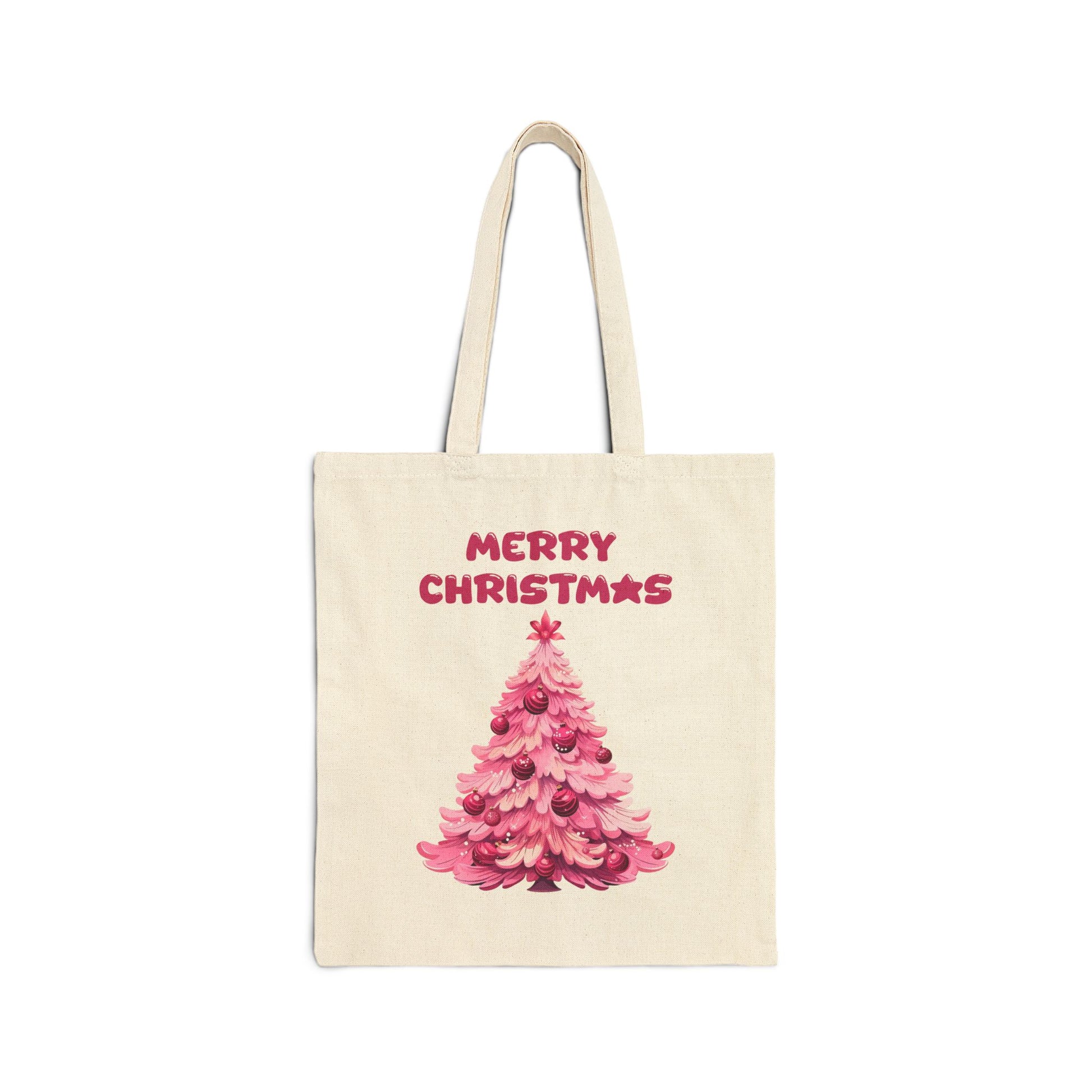Canvas tote bag with a pink Christmas tree and "Merry Christmas" text

