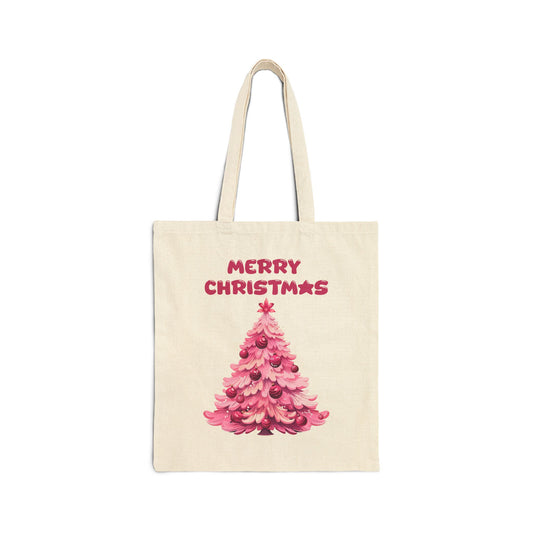 Canvas tote bag with a pink Christmas tree and "Merry Christmas" text


