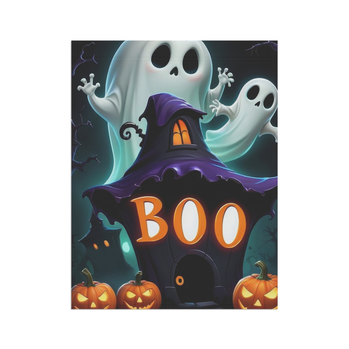 BOO Halloween Garden Flag with Ghosts and Pumpkins