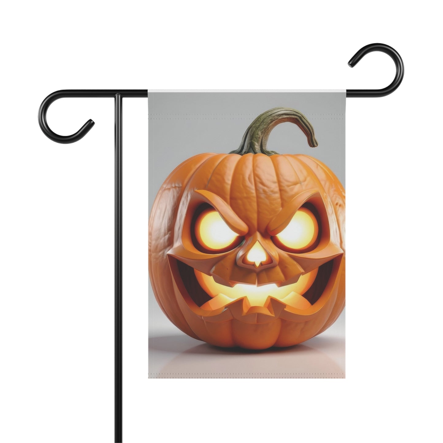 “Angry glowing jack-o'-lantern garden flag with fierce face and illuminated eyes – Halloween outdoor yard décor”