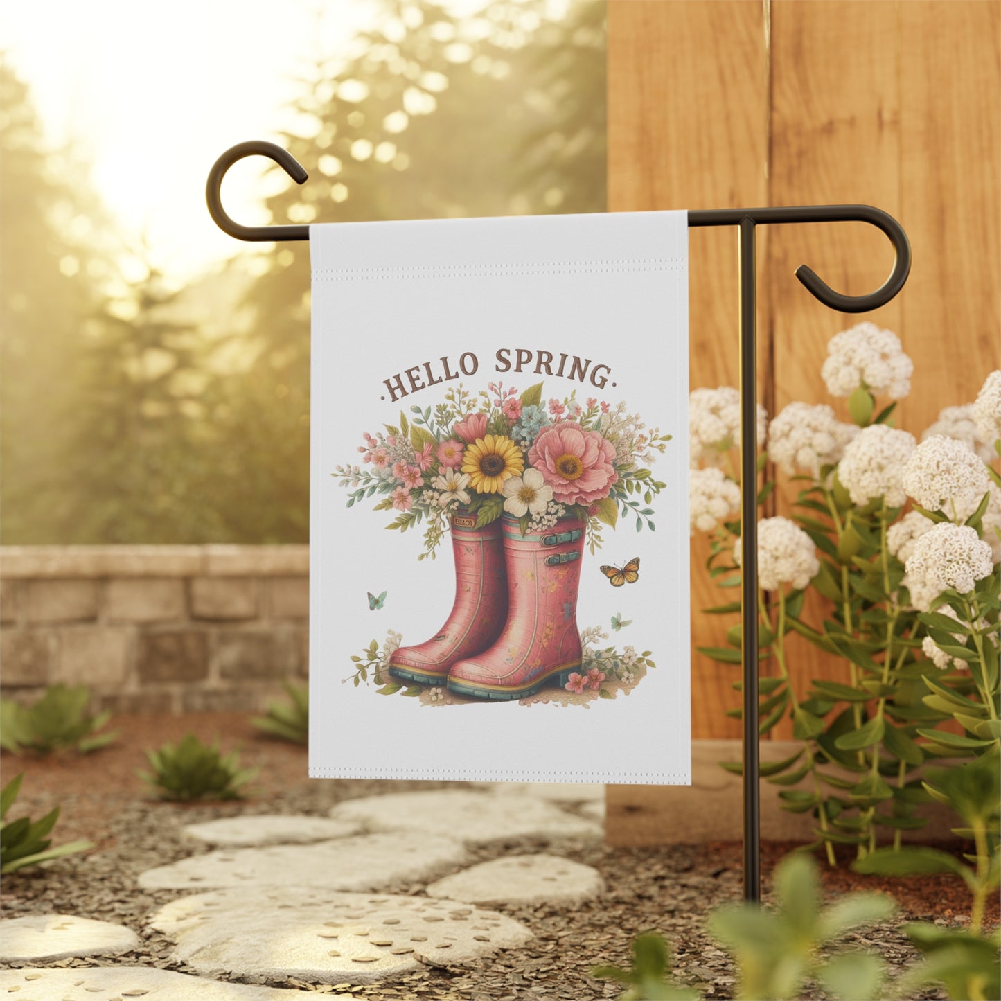 Cute "Hello Spring" Garden Flag with Floral Rain Boots