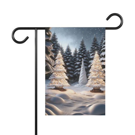 Winter wonderland garden flag with snow-covered evergreen trees, illuminated white Christmas trees, and falling snow, serene holiday outdoor decor.


