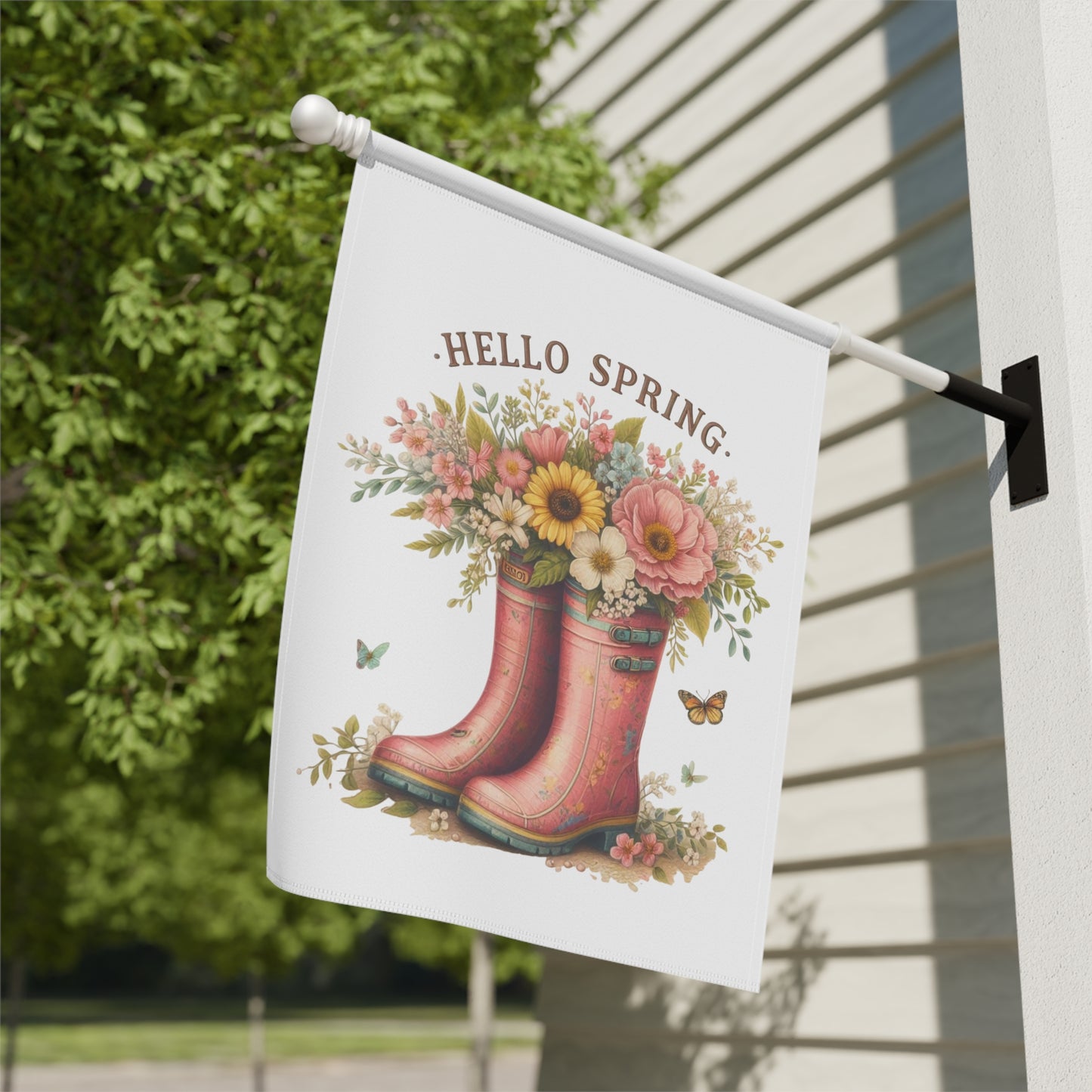 Cute "Hello Spring" Garden Flag with Floral Rain Boots