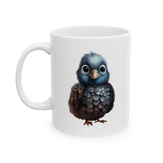 Cute baby pigeon cartoon on a white coffee mug, Funny baby bird illustration on a ceramic cup, Adorable pigeon graphic on mug.