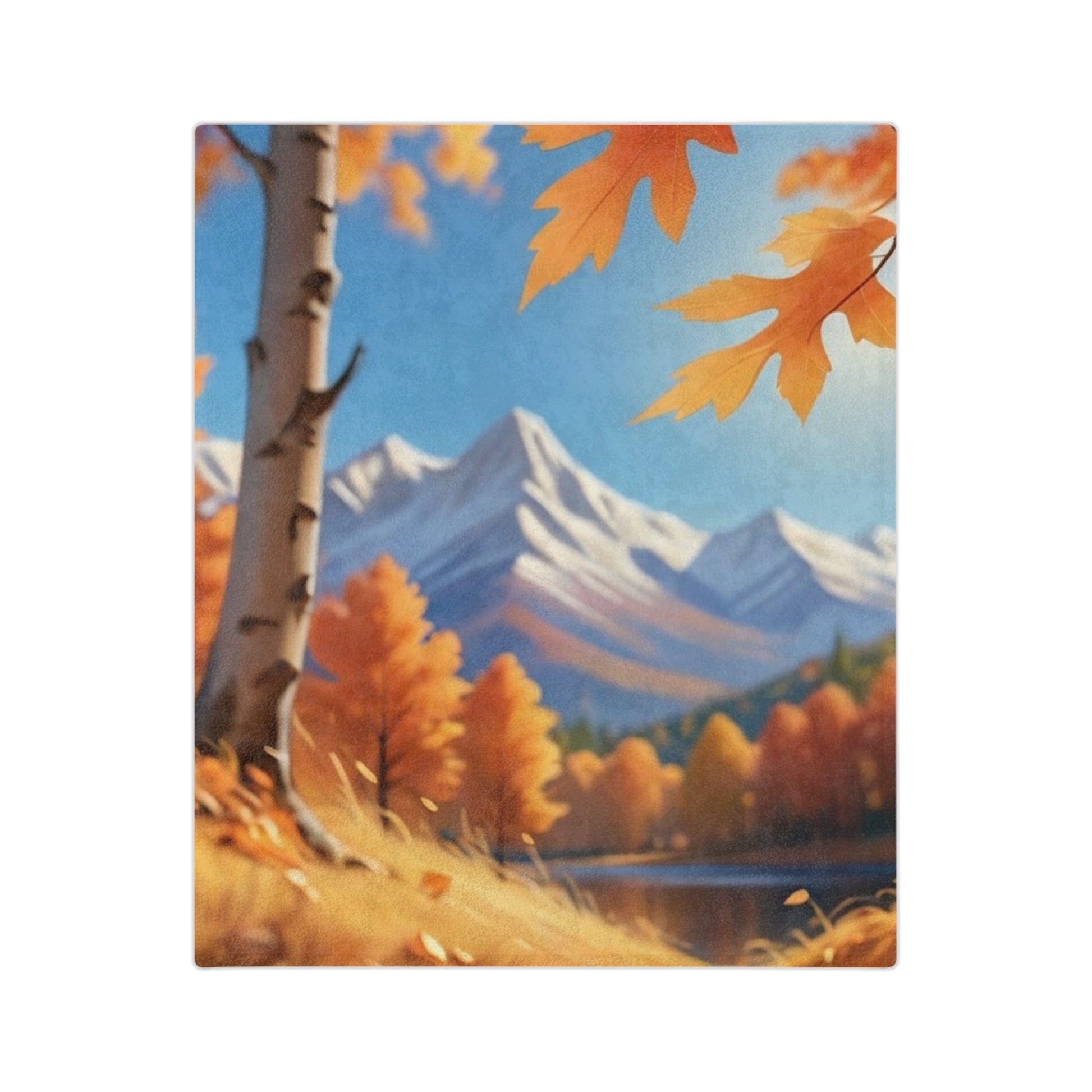 Lightweight velveteen blanket featuring an autumn mountain and lake landscape with snow-capped peaks, orange and yellow trees, and a clear blue sky.


