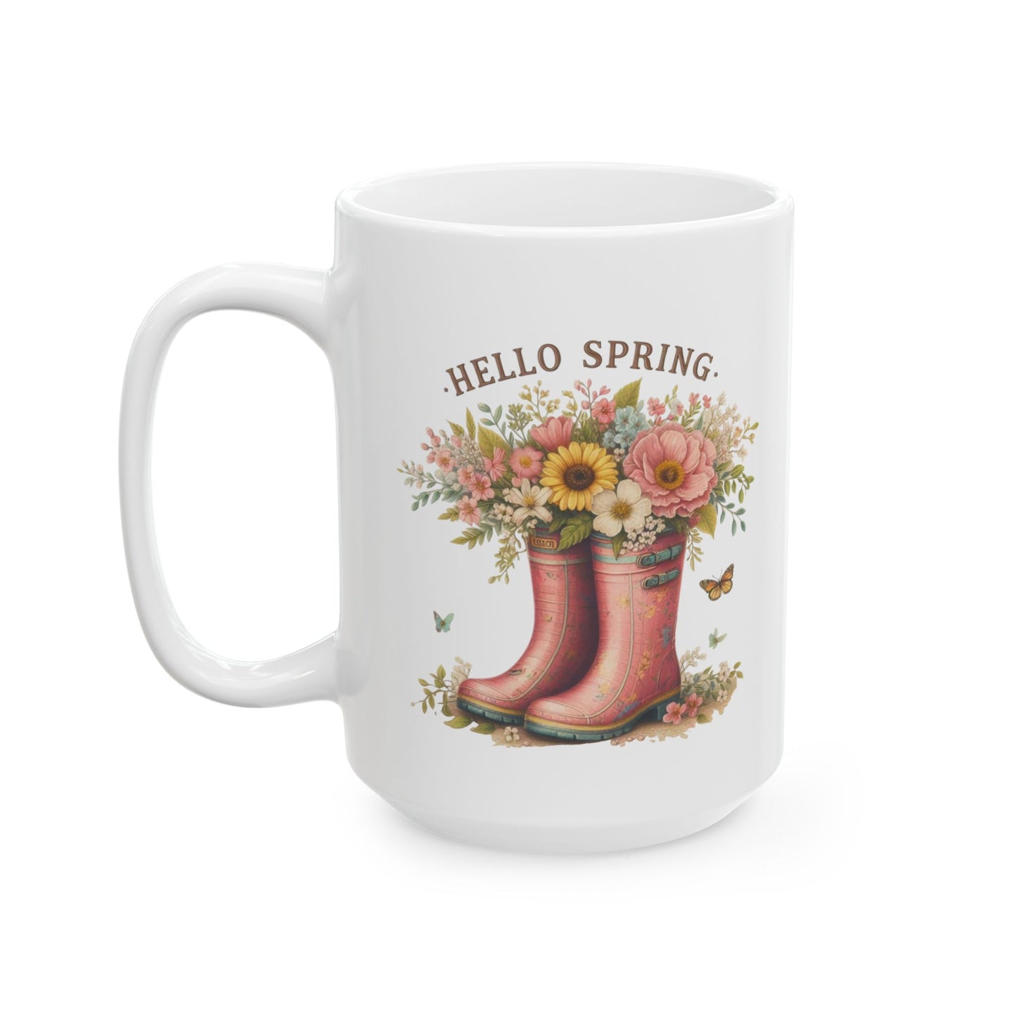 "Hello Spring" Floral Rain Boot Coffee Mug