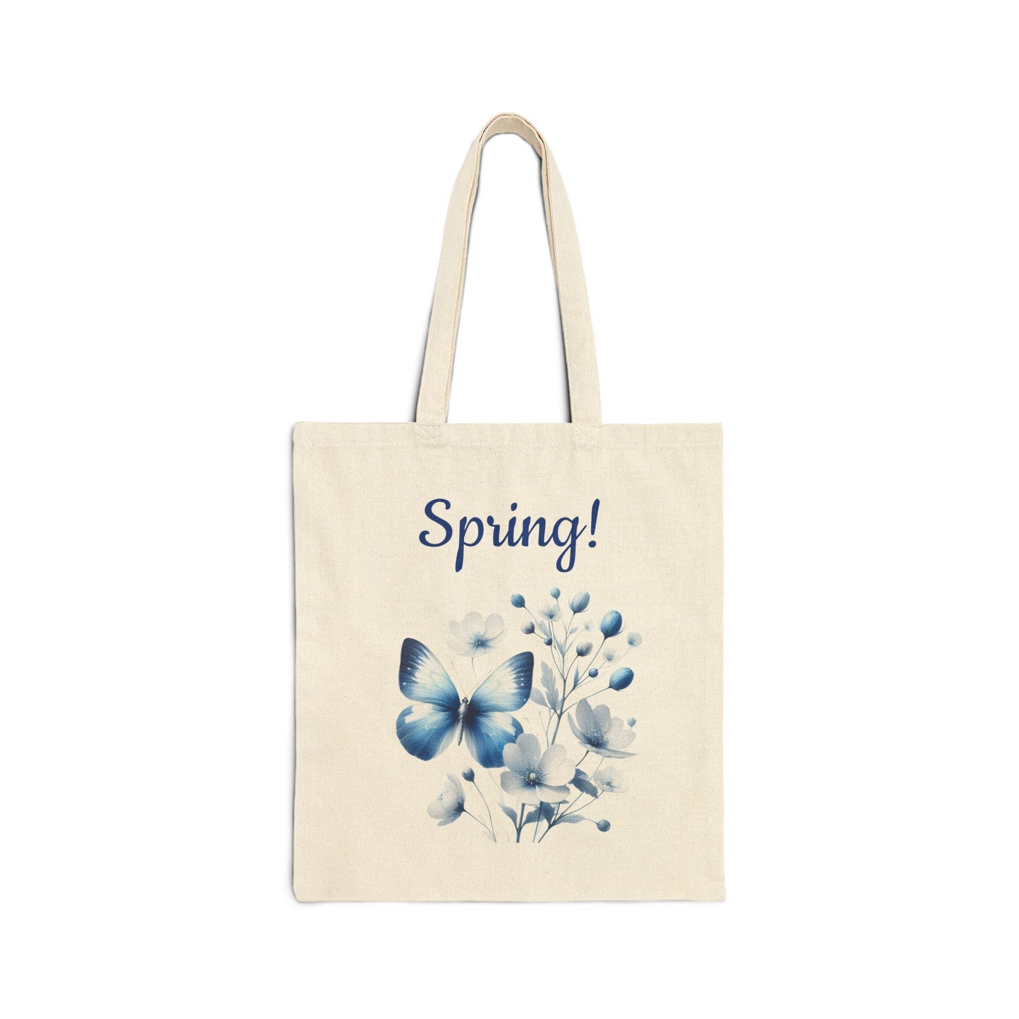 Elegant canvas tote bag with a blue butterfly and white floral print.