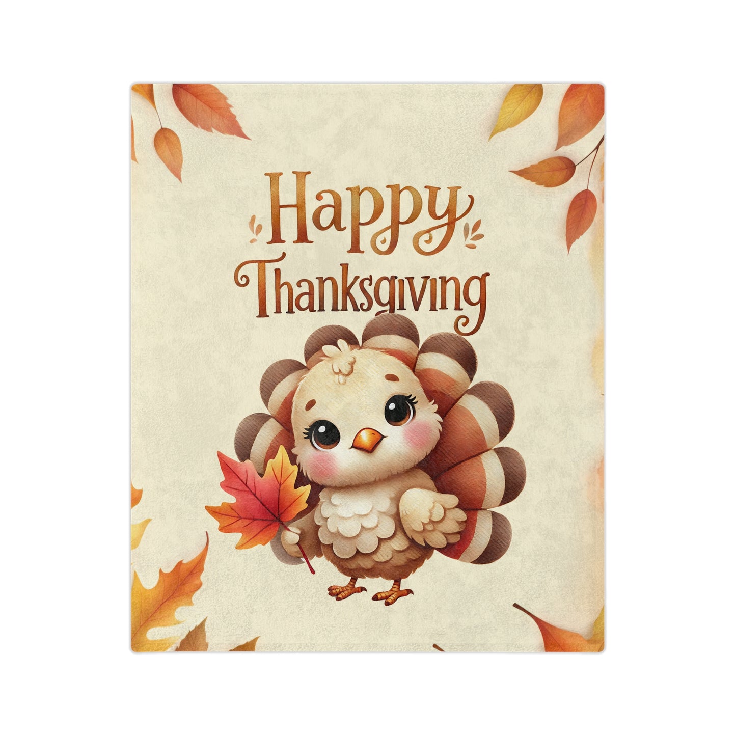 Happy Thanksgiving velveteen blanket with cute turkey and autumn leaves design, plush holiday throw

