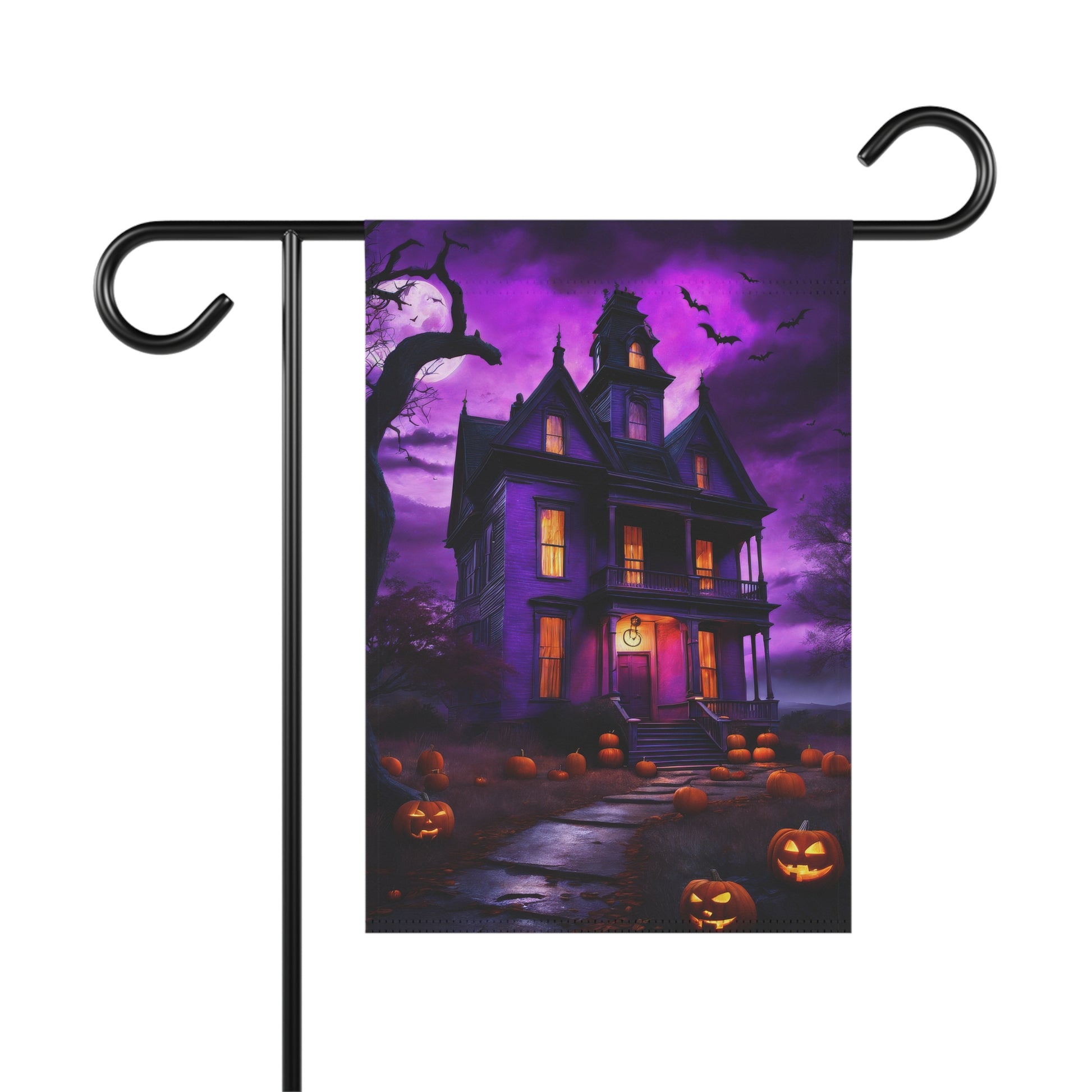 
Haunted house with glowing windows, purple night sky, jack-o'-lanterns, and bats on Halloween garden flag

