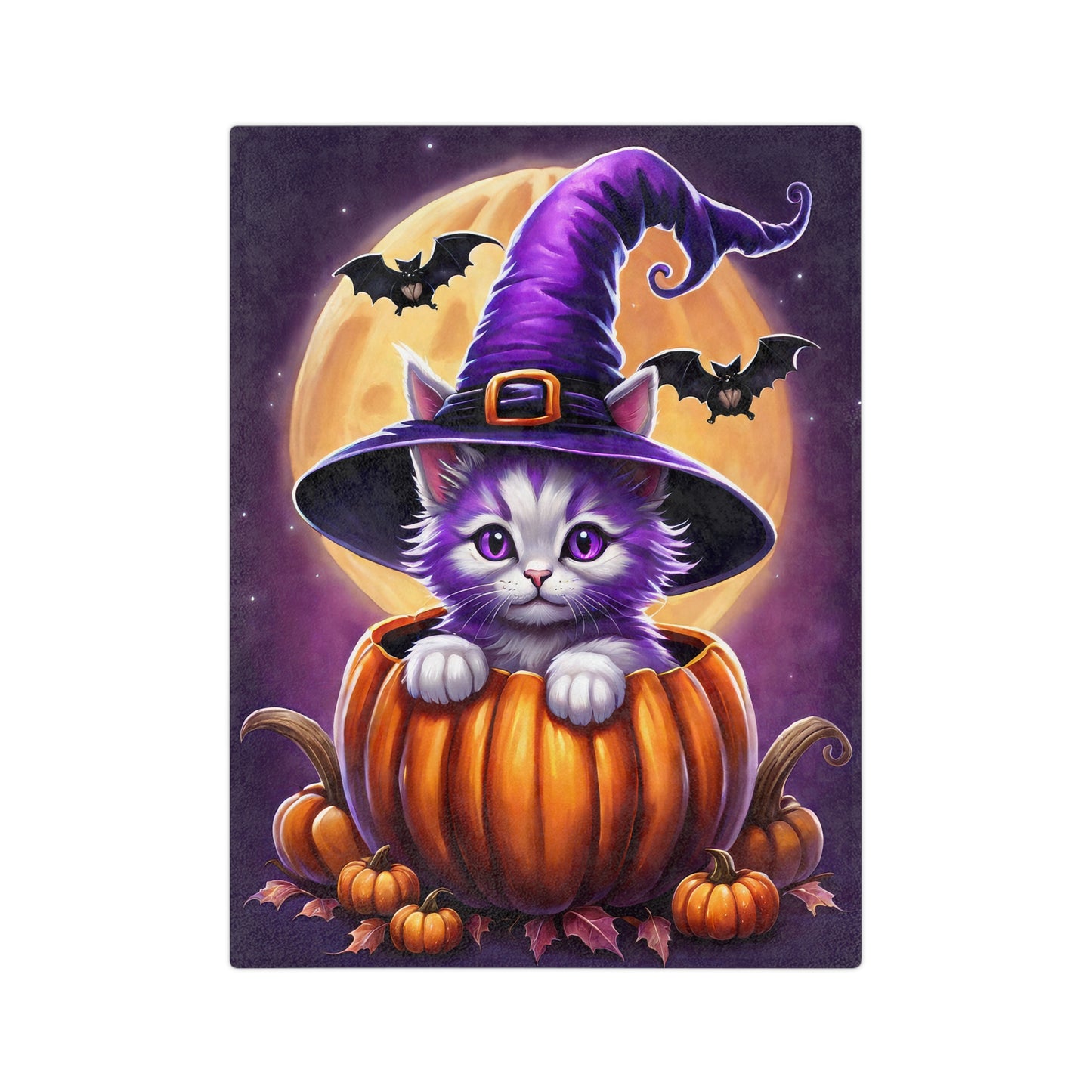 Magical Witch Kitten in Pumpkin Halloween Plush Blanket with a cute purple-eyed kitten wearing a witch hat in a jack-o'-lantern, under a full moon with bats and small pumpkins.

