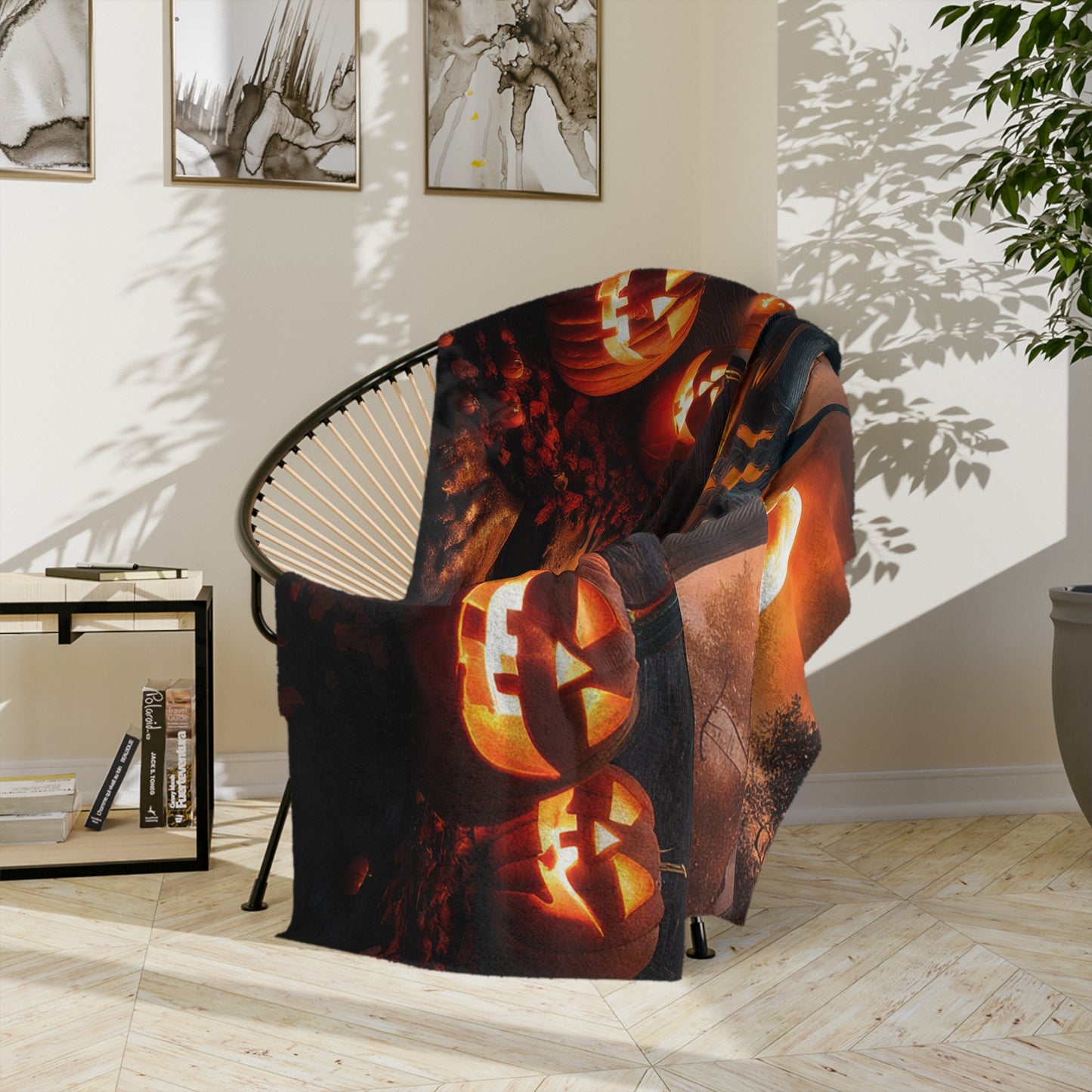 Haunted House & Fiery Orange Moon Halloween Plush Blanket