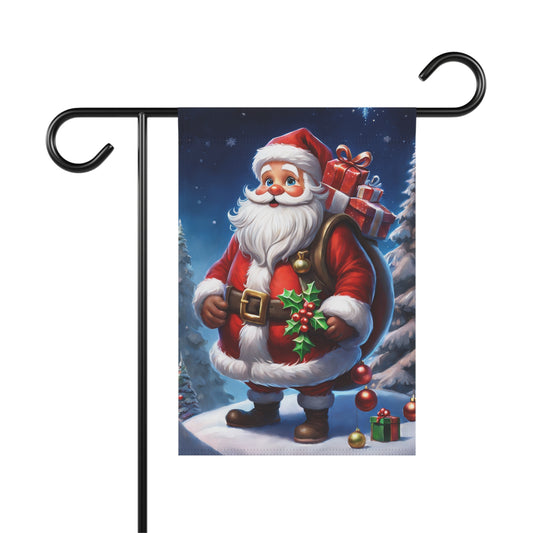 Jolly Santa Claus garden flag with a large sack of gifts, holding holly and berries, standing in a snowy scene with pine trees and ornaments, on a black metal garden flag stand.

