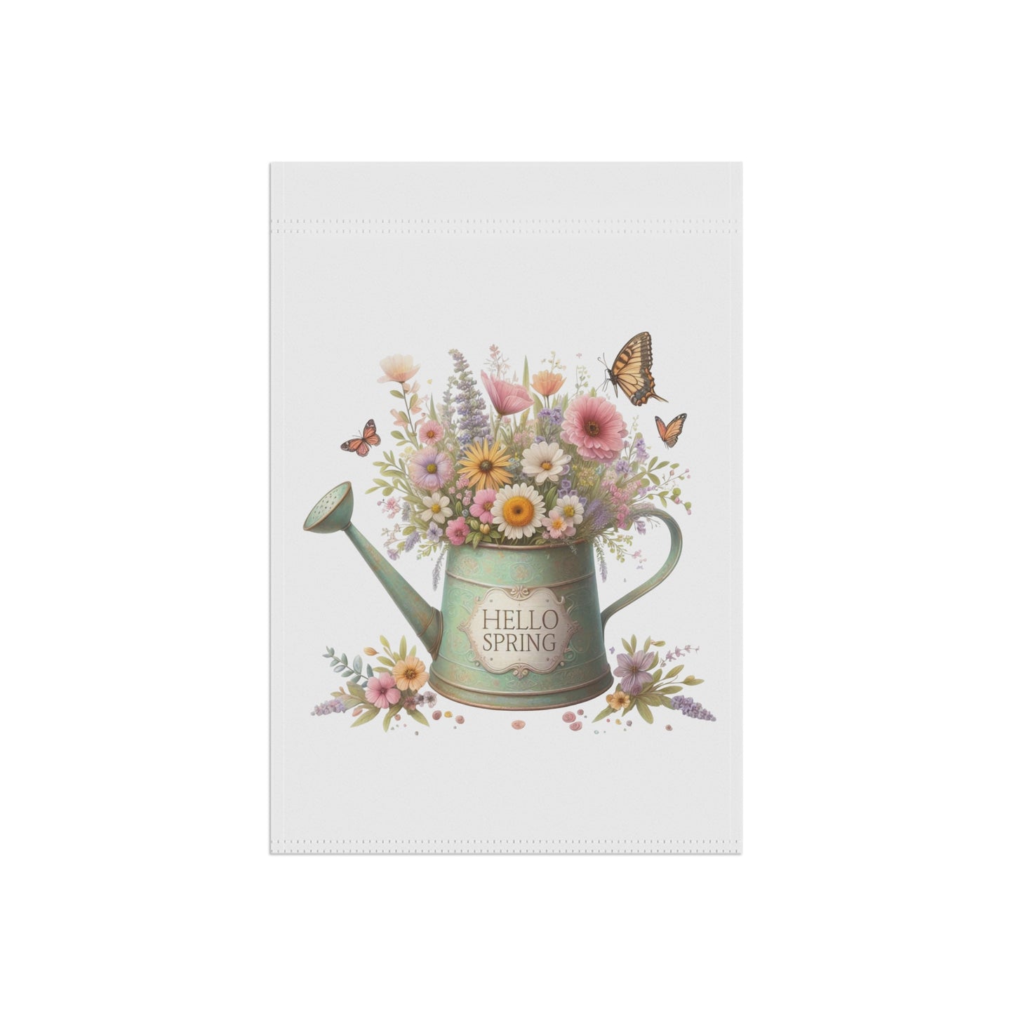 "Hello Spring" Watering Can Garden Flag with Floral Bouquet