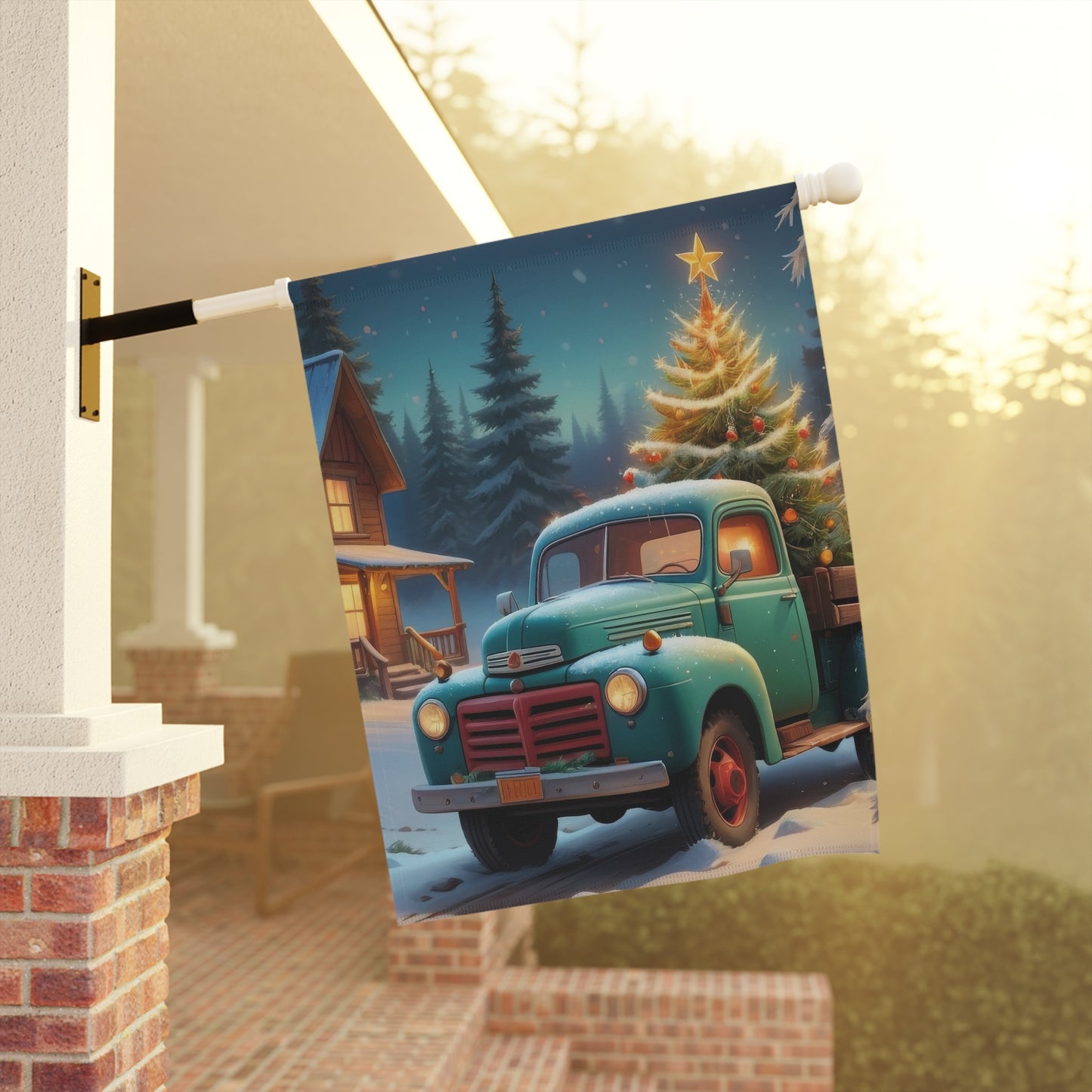Vintage Truck with Christmas Tree Flag