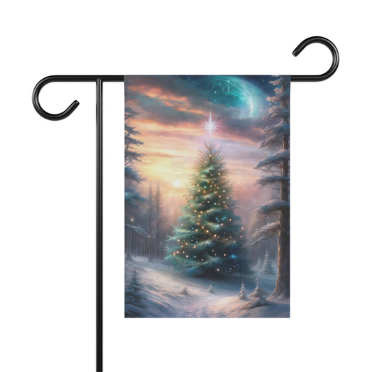 Enchanted sunset Christmas tree garden flag with a lit Christmas tree in a snowy forest, under a guiding star and crescent moon against a colorful sunset sky, on a black metal garden flag stand.

