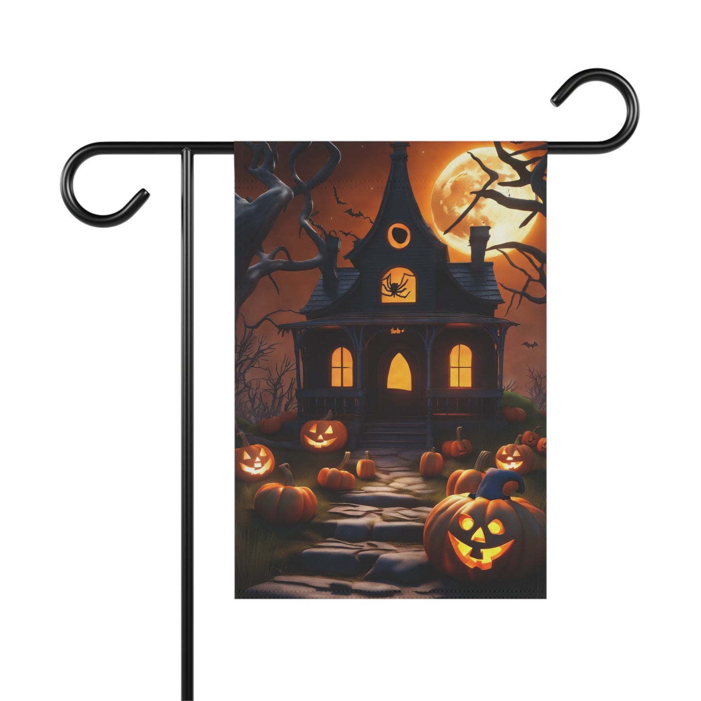 Haunted house with glowing pumpkins and full moon Halloween garden flag