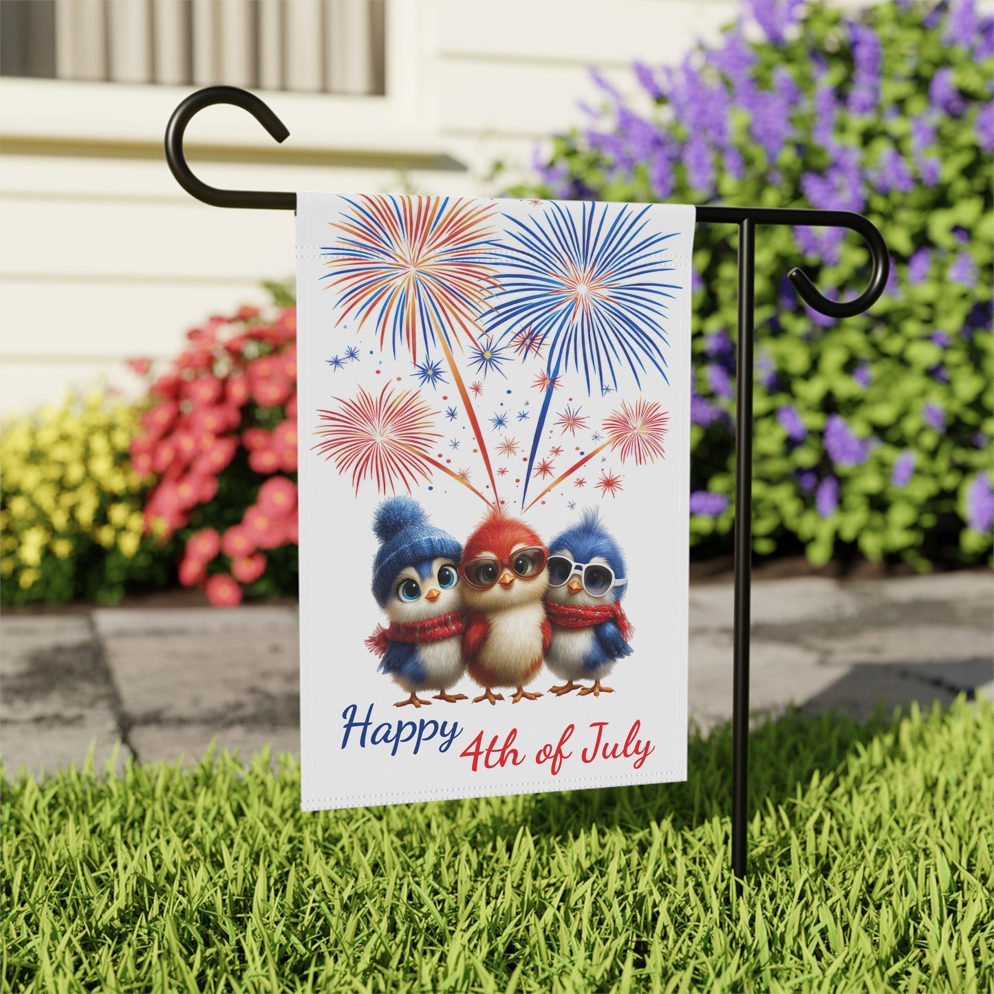 Cute Bird Trio Patriotic 4th of July Garden Flag