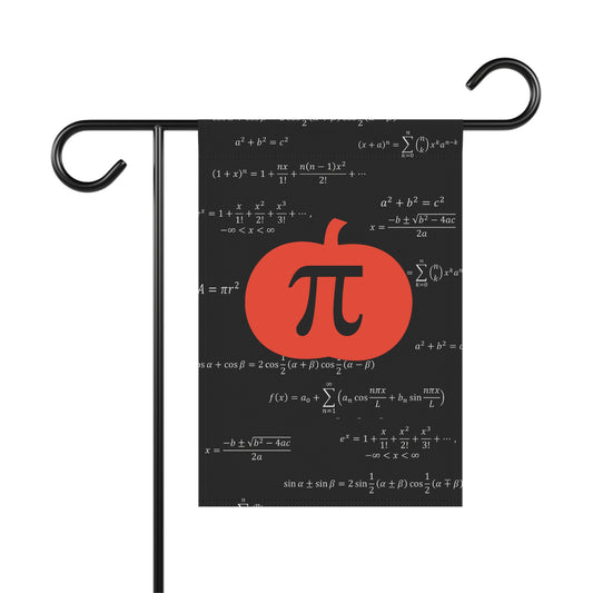 Pumpkin Pi garden flag with math equations on blackboard background, perfect for math teachers or Pi Day decor