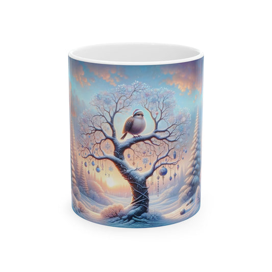 White ceramic coffee mug with a beautiful illustration of a small bird wearing a tiny hat, sitting on a bare, snow-covered tree decorated with delicate ornaments and snowflakes, against a backdrop of a winter landscape with a sunset.

