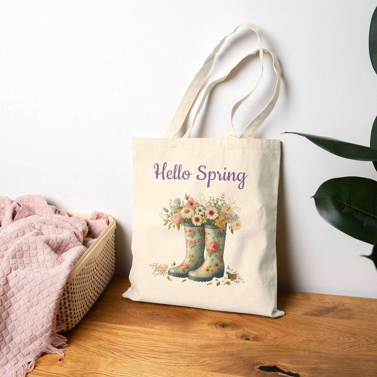 "Hello Spring" Floral Garden Rain Boots Canvas Tote Bag