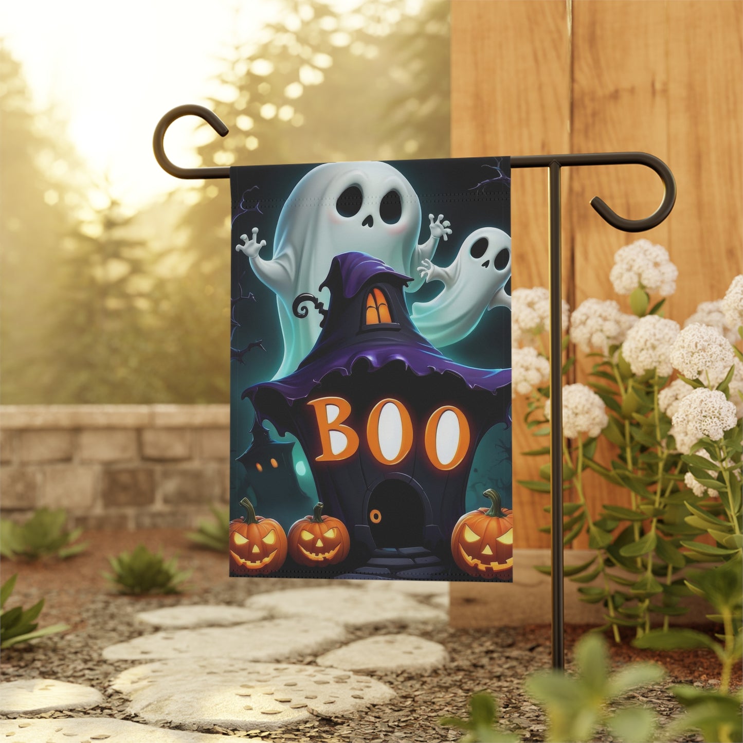 BOO Halloween Garden Flag with Ghosts and Pumpkins