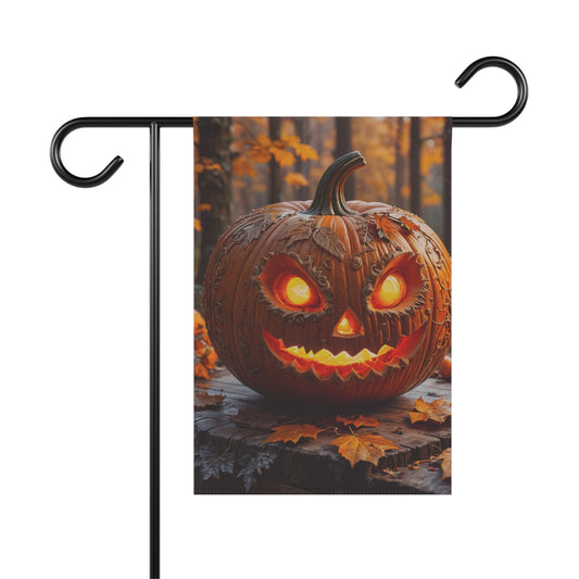 “Scary jack-o'-lantern garden flag with glowing evil face and fall leaves in a forest setting – Halloween outdoor decoration”
