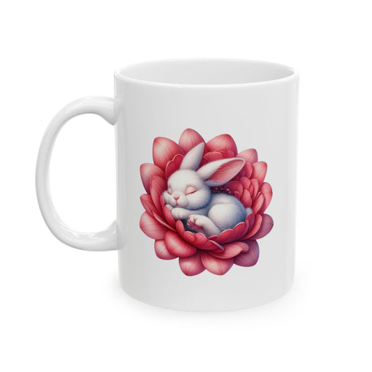 White ceramic mug with a cute white baby cartoon bunny sleeping peacefully inside a large red and pink blooming flower.


