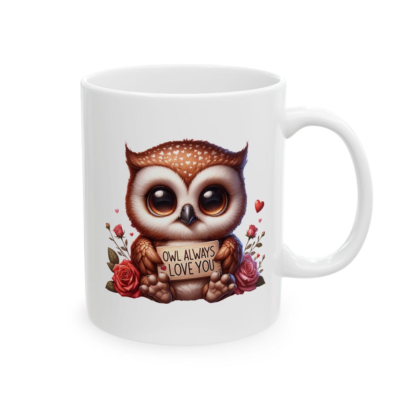 White ceramic coffee mug with a cute cartoon baby owl holding a small wooden sign that says 'OWL ALWAYS LOVE YOU', surrounded by red roses and tiny hearts, on a light wooden background
