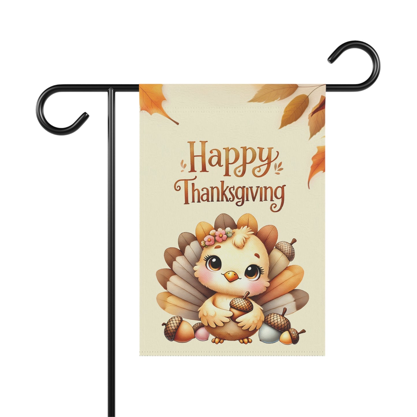 Thanksgiving garden flag featuring baby turkey with acorns, flower crown, and autumn leaves