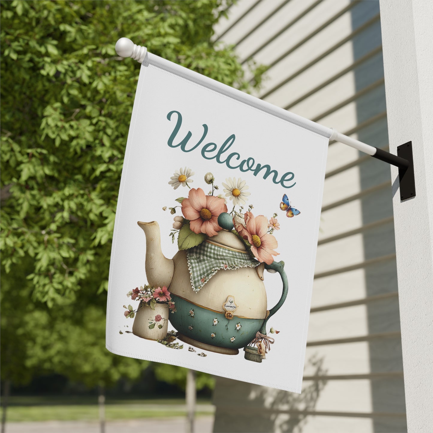 Cottage Teapot Welcome Garden Flag