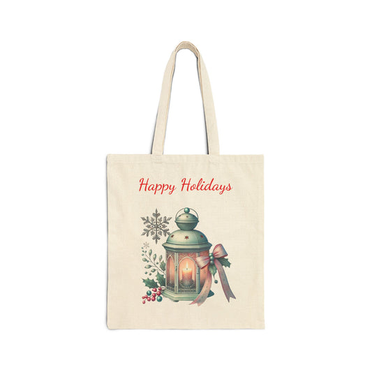 Canvas tote bag with a vintage holiday lantern and "Happy Holidays" text