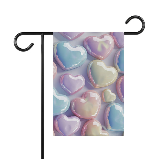 Pastel glossy hearts garden flag in pink, lavender, mint, and blue tones, romantic Valentine outdoor decor