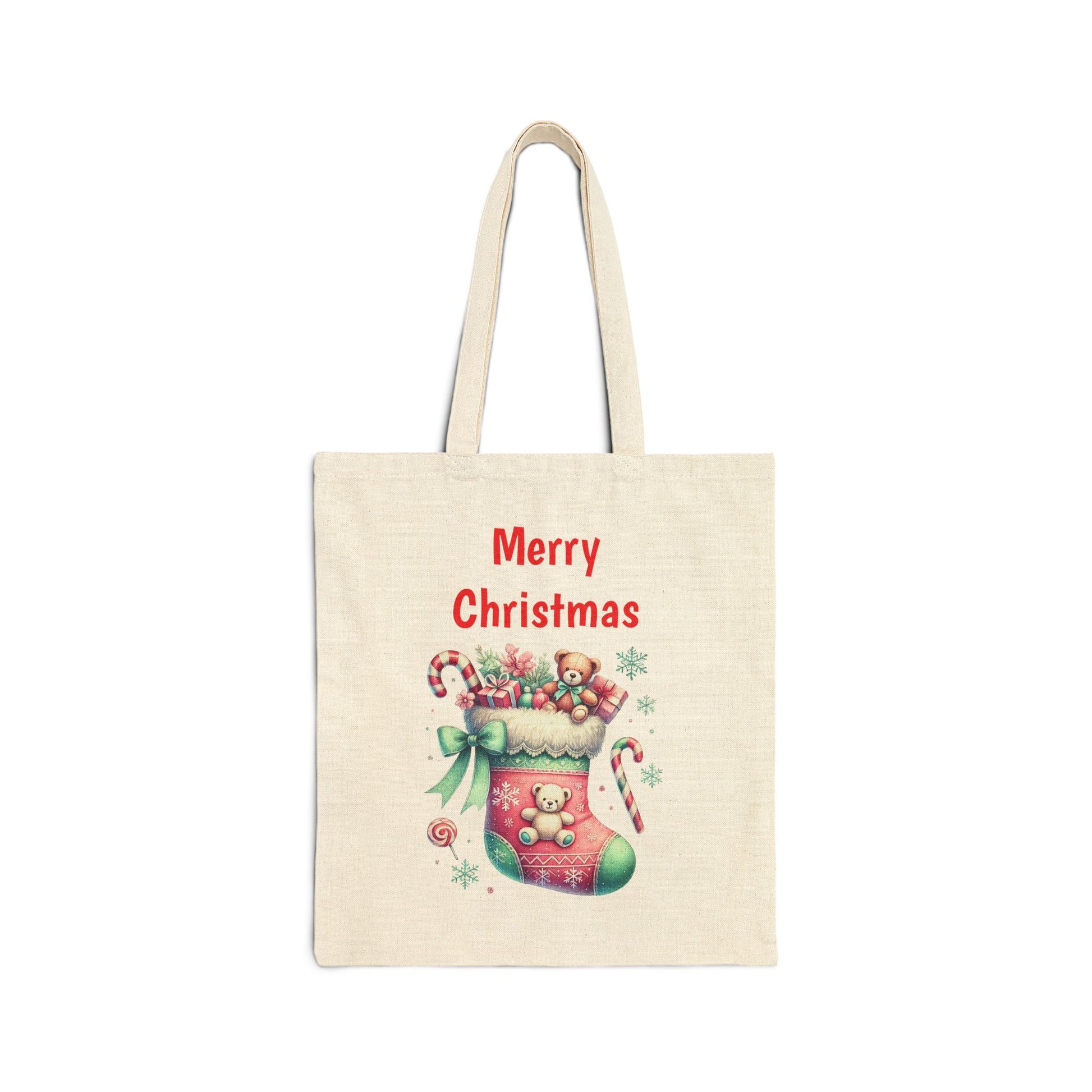 Canvas tote bag with a Christmas stocking full of gifts and "Merry Christmas" text